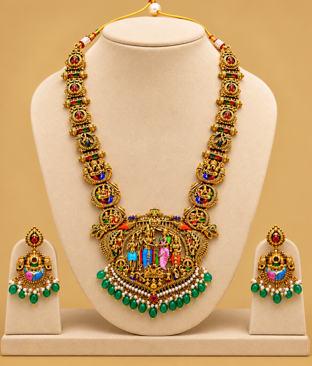 Srinivasa Kalyana Haram Temple Jewellery Set with Matching Earrings | Traditional South Indian Bridal Long Necklace