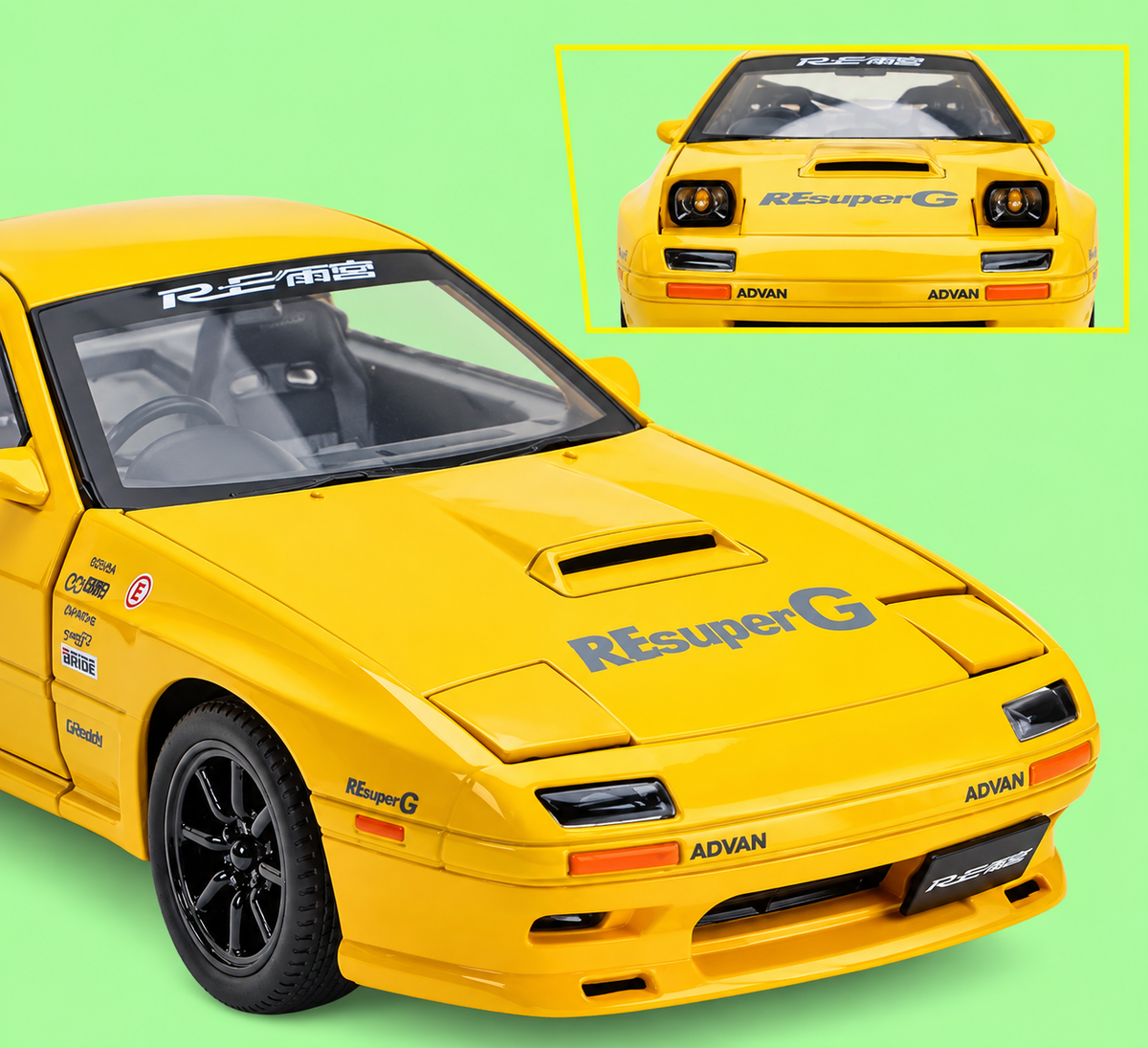 1:24 Scale Mazda RX7 Die Cast Car Model | Alloy Metal Pull Back Toy Car with Light & Sound, Openable Doors, Hood & Trunk | Yellow/White