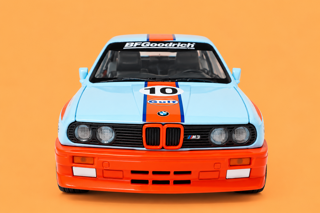 1:24 Scale Die-Cast Metal 1982 B.M.W M3-E30 Car with Openable Doors, Pull Back Action,Lights,Music & Working Steering【Pack of 1】 (Sky Blue-Orange)