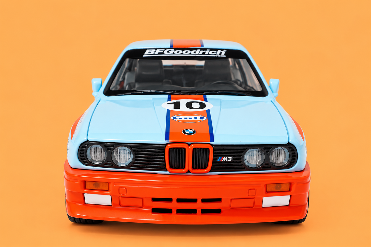 1:24 Scale Die-Cast Metal 1982 B.M.W M3-E30 Car with Openable Doors, Pull Back Action,Lights,Music & Working Steering【Pack of 1】 (Sky Blue-Orange)