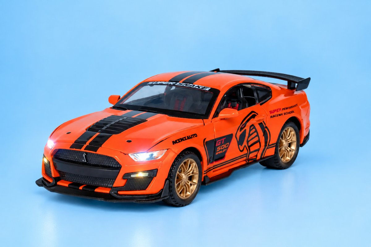 1:32 Scale Mustang Shelby GT500 Die-Cast Metal Sport car with  Openable Doors Light and Sound, Pull Back Function Indoor Outdoor Toy  for Kids (1:32 Mustang Shelby GT500-ORANGE)