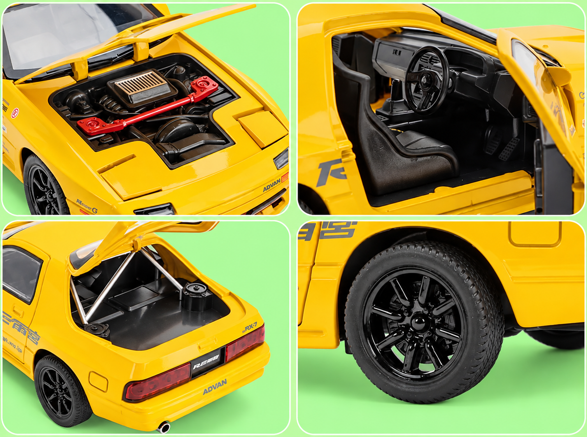 1:24 Scale Mazda RX7 Die Cast Car Model | Alloy Metal Pull Back Toy Car with Light & Sound, Openable Doors, Hood & Trunk | Yellow/White