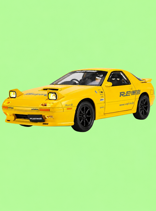 1:24 Scale Mazda RX7 Die Cast Car Model | Alloy Metal Pull Back Toy Car with Light & Sound, Openable Doors, Hood & Trunk | Yellow/White