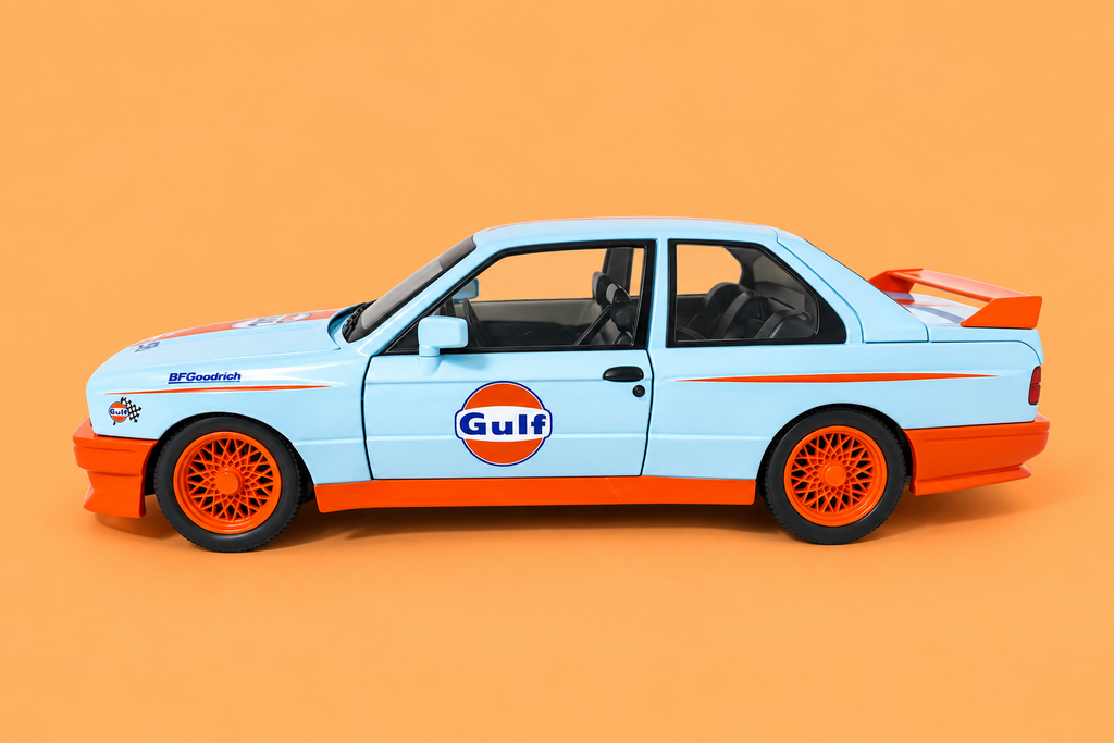 1:24 Scale Die-Cast Metal 1982 B.M.W M3-E30 Car with Openable Doors, Pull Back Action,Lights,Music & Working Steering【Pack of 1】 (Sky Blue-Orange)