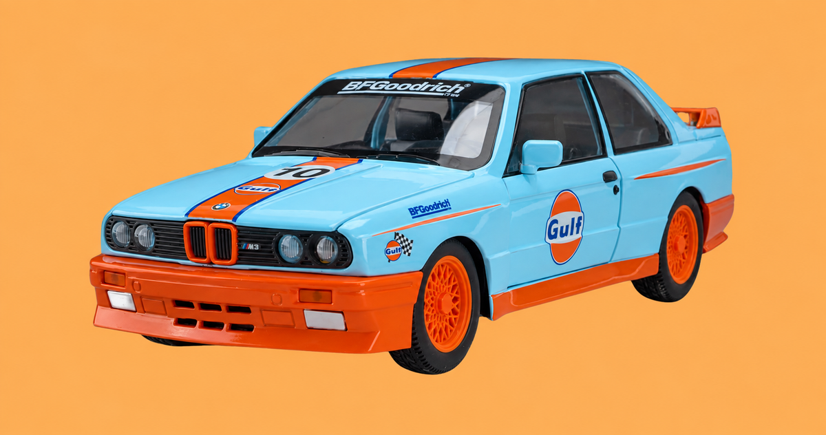 1:24 Scale Die-Cast Metal 1982 B.M.W M3-E30 Car with Openable Doors, Pull Back Action,Lights,Music & Working Steering【Pack of 1】 (Sky Blue-Orange)